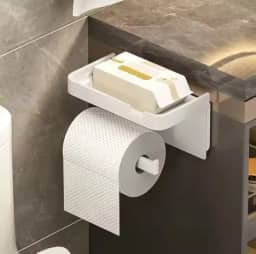 Suporte de Parede para Papel Higiênico com Prateleira para Celular e Objetos (Branco)