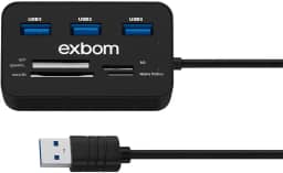 Hub USB 3.0, Leitor de Cartões Multifuncional, Preto, 3 Portas USB, Compatível com SD, M2, Micro SD