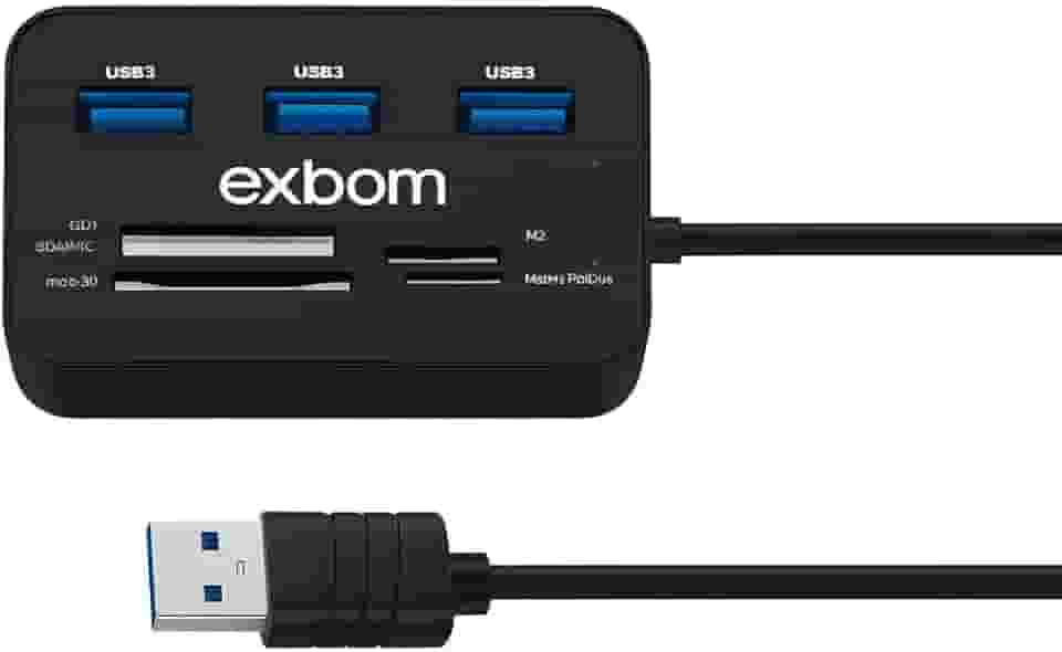 Hub USB 3.0, Leitor de Cartões Multifuncional, Preto, 3 Portas USB, Compatível com SD, M2, Micro SD