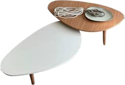 Mesa de Centro Dupla com Tampo Orgânico - Design Moderno em MDF 15mm e Pés em Madeira Maciça, Conjunto 90x52cm (Mel)