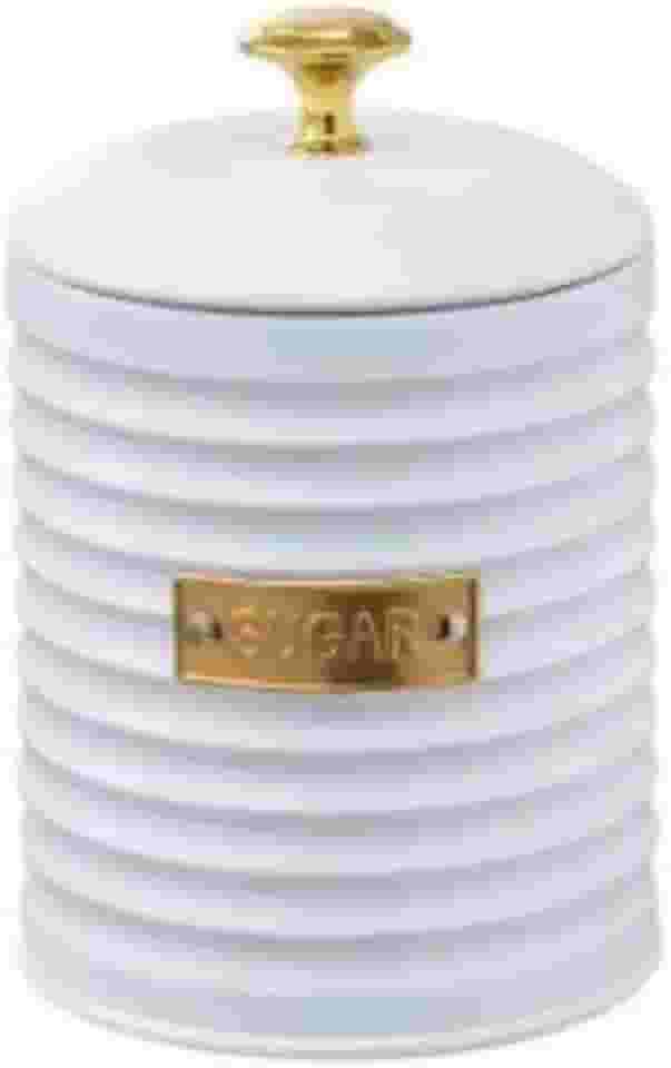 Pote para Açúcar de Metal c/Tampa Friso Branco Premium c/Puxador Dourado Pote Redondo 16x10x10cm 1lt. Porta Mantimentos Moderno e Elegante