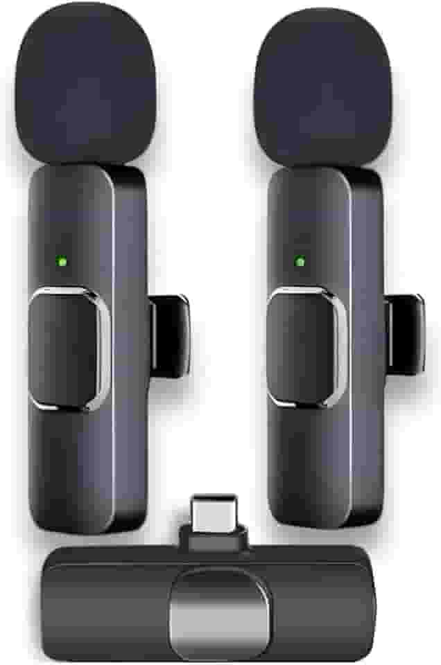 Kit Microfone Lapela Sem Fio Duplo USB-C – Redução de Ruído, Bateria 5h, Alcance 20m – Compatível com iPhone 15/16 e Android – Ideal para Vídeo, Entrevista, Vlog