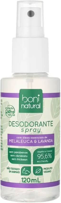 Desodorante Spray Natural e Vegano com Óleos Essenciais de Melaleuca e Lavanda, 24 horas de proteção, Sem Alumínio, Sem Parabenos, Sem Triclosan, Boni Natural, 120ml