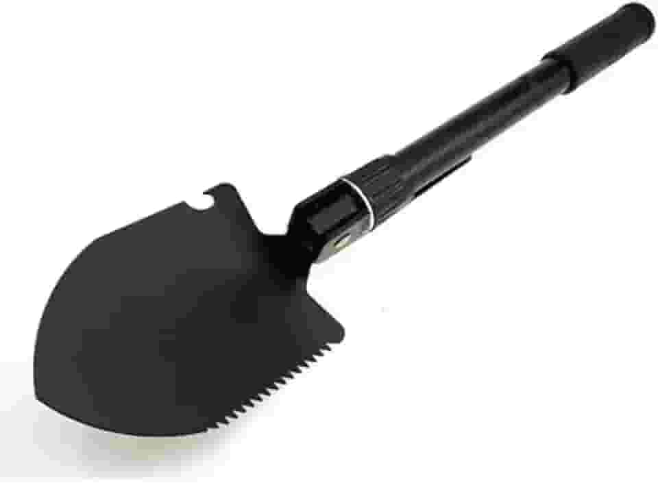 Pá Dobrável Multifuncional com Bússola, Cabo de 41cm, Lâmina 13x9cm, Preta Portátil 3 Em 1 Para Atividades Externas Com Trava E Bússola Para Camping E Trilha