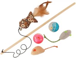 Kit brinquedos de gato - varinha peixe com penas, bolinhas com chocalho e ratinhos de pelúcia
