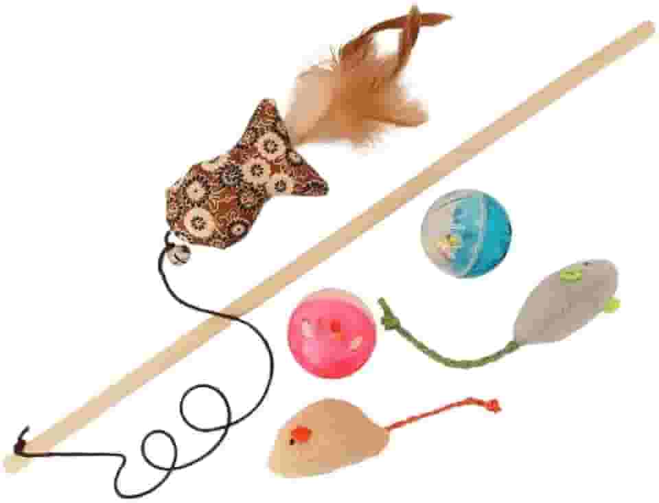 Kit brinquedos de gato - varinha peixe com penas, bolinhas com chocalho e ratinhos de pelúcia