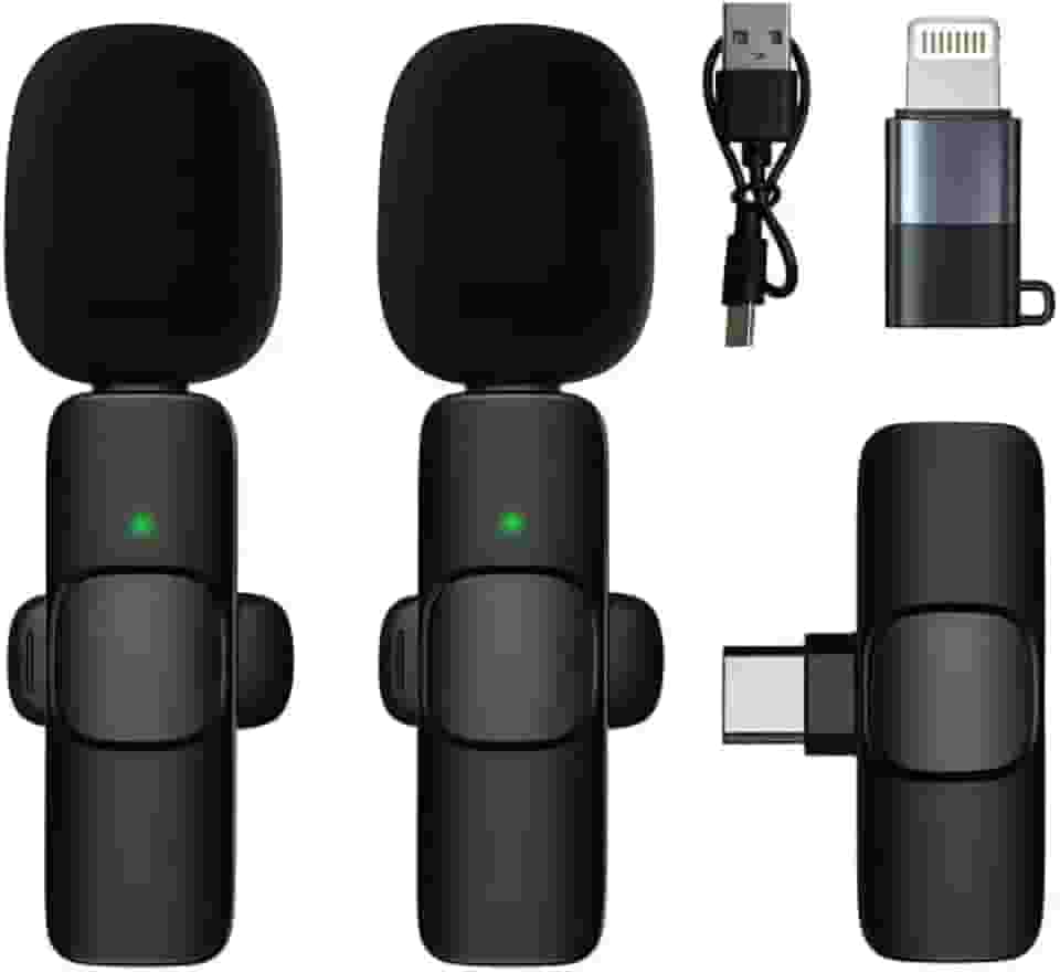 Microfone De Lapela Profissional Kit Com 2 Microfones Adaptador Para Iphone e Receptor Cancelamento De Ruídos Compatível Com Celular, Câmera E PC Conexão Via Bluetooth Para Gravações