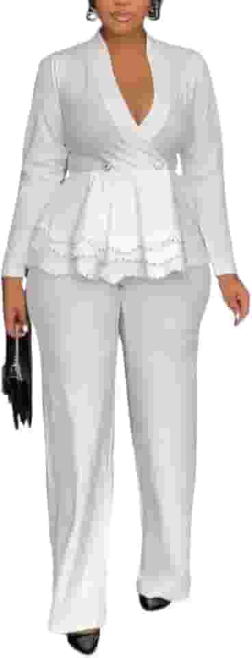 Conjunto de 2 peças de ternos femininos, conjunto de calça blazer de negócios, casual, manga comprida, elegante, terno de trabalho com bolsos, branco 2GG