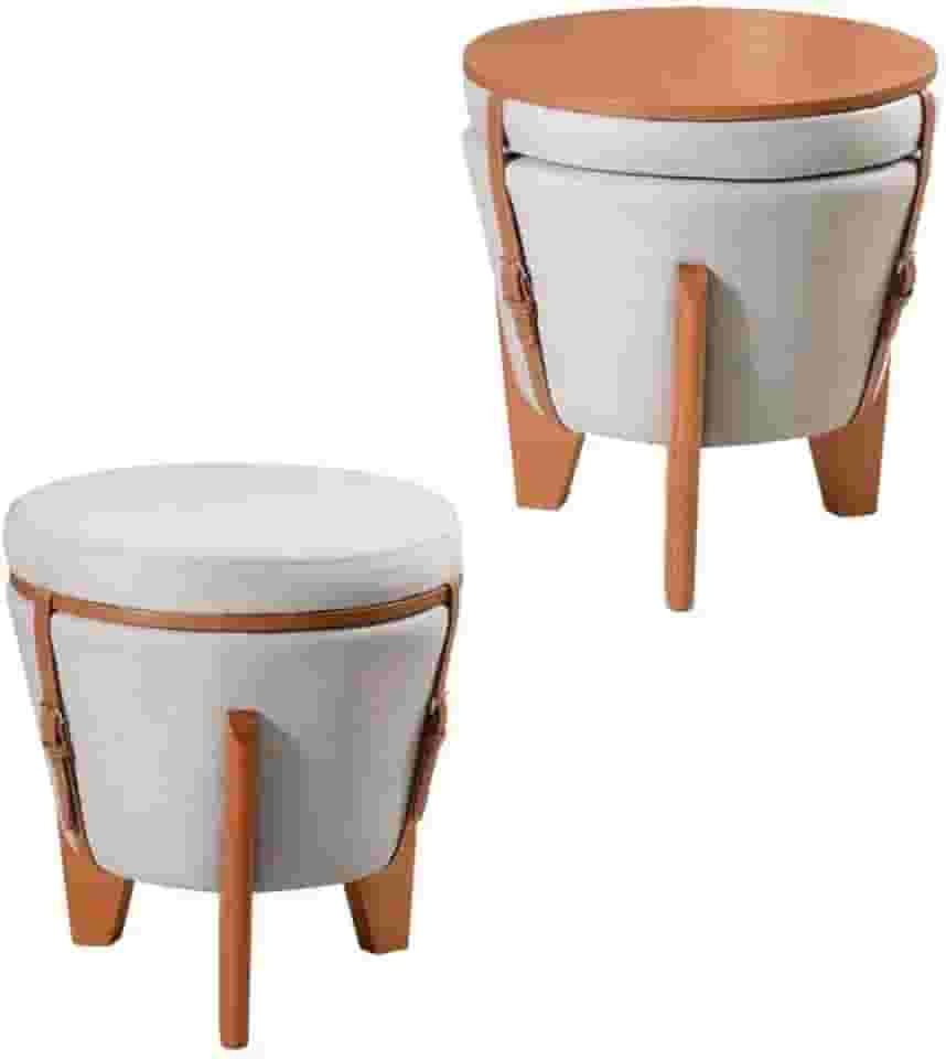 Pufe baú mesinha Rústico Resistente 3 Pés Redondo Cinza claro