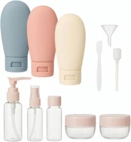 Kit de Frascos de Viagem 11 Peças com Necessaire – Potes de Silicone Reutilizáveis para Shampoo Condicionador Sabonete Creme Alcool em Gel Maquiagem e Cosmeticos em Geral| Aprovados para Avião