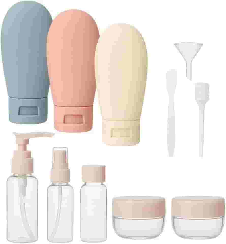 Kit de Frascos de Viagem 11 Peças com Necessaire – Potes de Silicone Reutilizáveis para Shampoo Condicionador Sabonete Creme Alcool em Gel Maquiagem e Cosmeticos em Geral| Aprovados para Avião