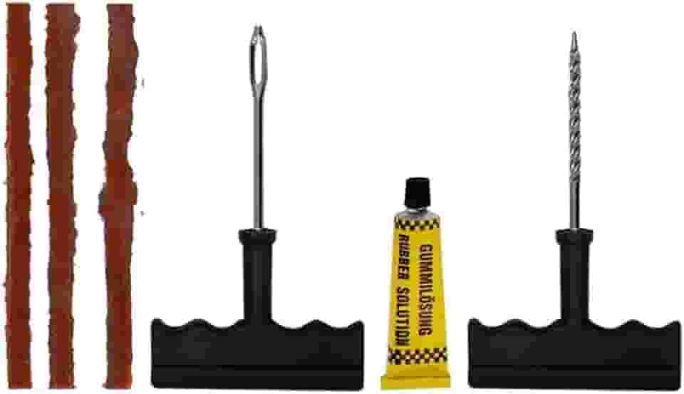 Kit de Reparo Conserto Remendo para Pneus de Carro, Moto e Bicicleta, Contém Macarrão Selante, Ferramentas e Cola