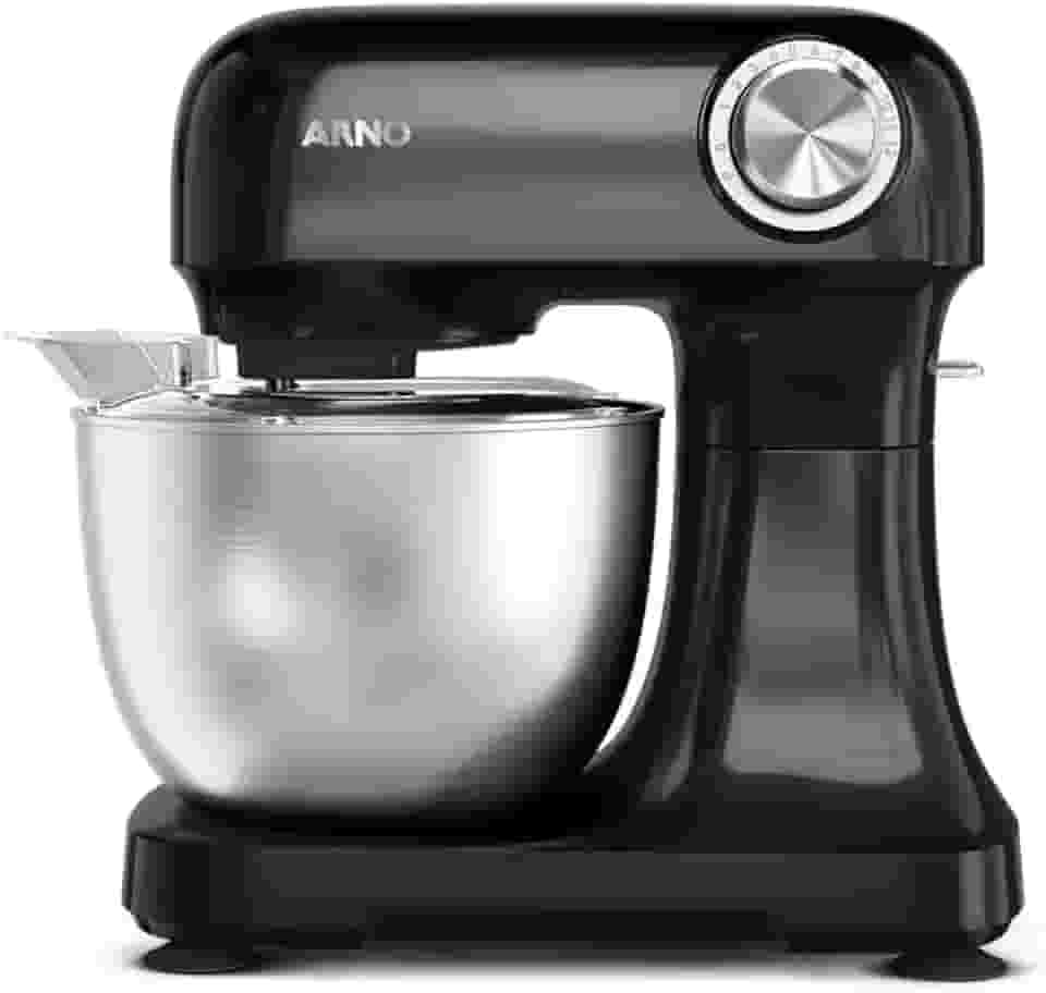 Batedeira Arno Planetária Bake Easy KM10, 500W, Preta com Tigela Inox, 3,5L, 12 Velocidades, Transmissão Direta, 3 Batedores, Tampa Anti-Respingos e Design Compacto, 110V