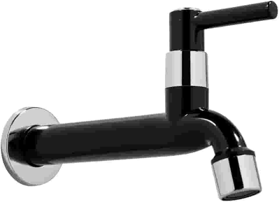 Torneira de Parede para Tanque e Cozinha, ABS, Acabamento Brilhante, Preta, Uso em Lavanderia/Jardim/Tanque, Montagem na Parede, 1/4 de Volta, com Arejador Removível