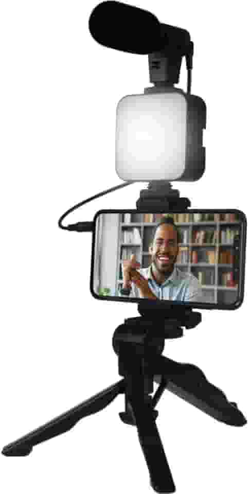Kit de Gravação Completo com Tripé, Luz LED e Suporte para Celular – Ideal para Vlogs, Lives e Vídeos Profissionais Tripé com Luz LED e Microfone para Celular – Kit Vlogging Profissional Premium