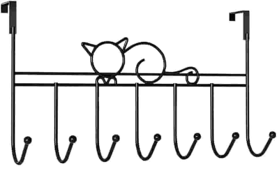 Cabideiro de Porta Metal com Design de Gatinho e 7 Ganchos na Cor Preto
