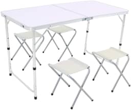 Kit Mesa Dobrável Portatil Que Vira Maleta Camping Praia Churrasco 120x60cm Com 4 Bancos Banquinhos