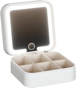 Estojo pequeno para espelho de maquiagem de LED para viagem organizador de maquiagem com 3 configurações de luz coloridas ajustáveis para mulheres, Branco