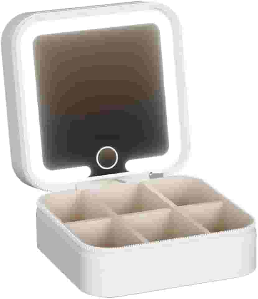 Estojo pequeno para espelho de maquiagem de LED para viagem organizador de maquiagem com 3 configurações de luz coloridas ajustáveis para mulheres, Branco