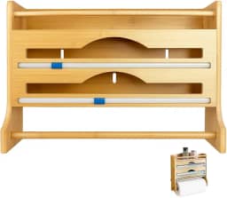 Suporte Organizador de Parede Bambu para Cozinha com Cortador Embutido | Porta Papel Toalha, Alumínio, PVC | Prateleira para Temperos | Ideal para Organização Doméstica