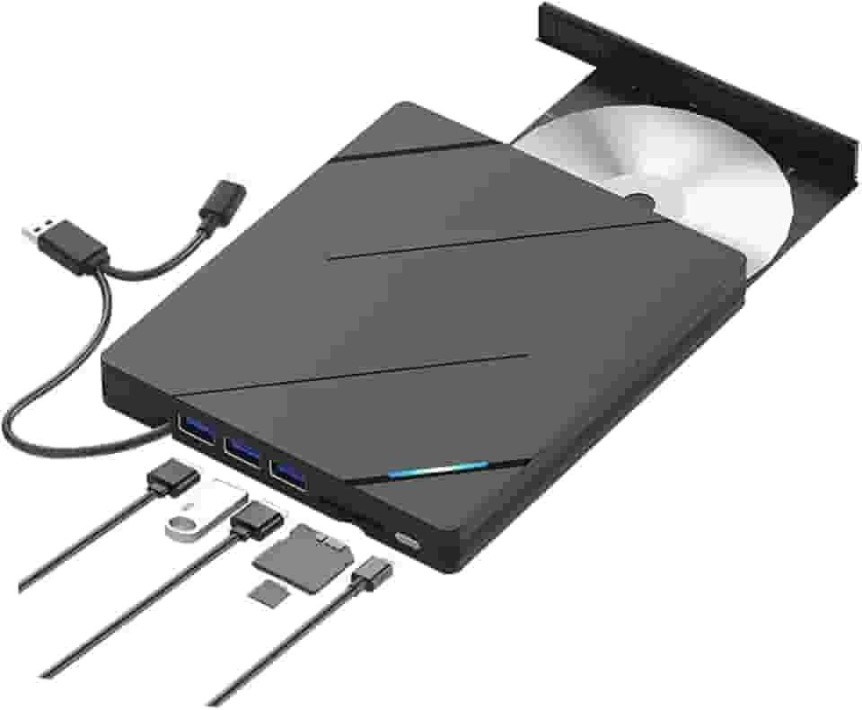 Gravador de DVD Externo 8-em-1, USB 3.0, Tipo-C, Portas Micro SD e T-Flash