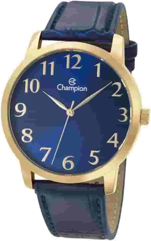 Relógio Masculino Dourado Champion Couro Azul Grande + NF