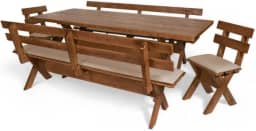 Conjunto Mesa Madeira Maciça Para Churrasco - Mesa + 4 Bancos - Estofados Nude Imbuia