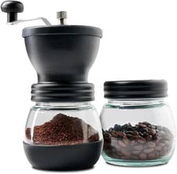 Moedor de Café Manual Premium Moinho Ajustável com Manivela Recipiente de Vidro Duplo para Grãos e Pó Base Antiderrapante Cerâmica Preta
