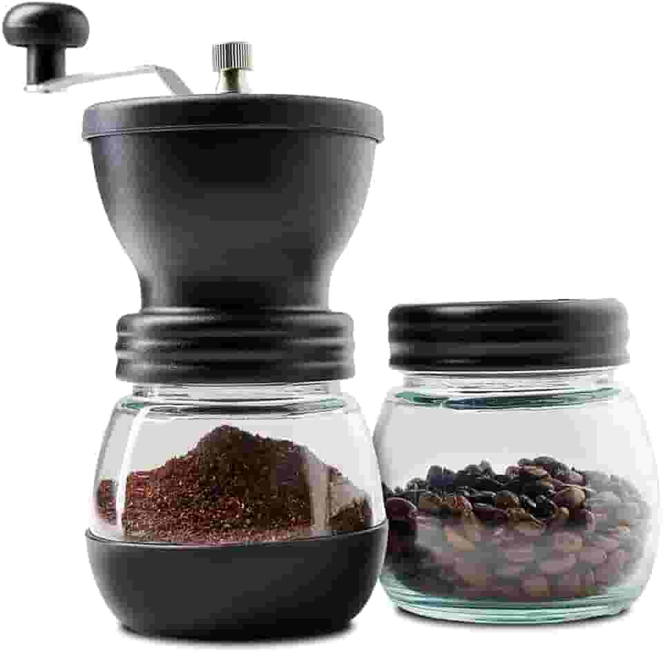 Moedor de Café Manual Premium Moinho Ajustável com Manivela Recipiente de Vidro Duplo para Grãos e Pó Base Antiderrapante Cerâmica Preta
