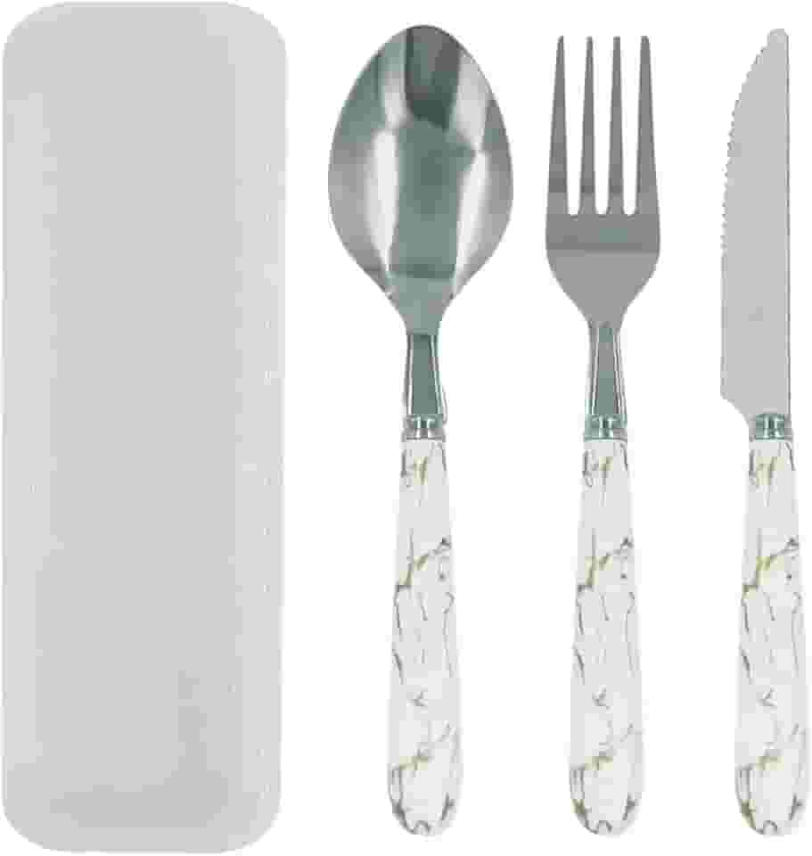 Kit Talheres em Inox 3 Peças Garfo Faca Colher Com Estojo Portatil Reutilivazel - Para Marmita, Lanche, Escolar, Viagem e Camping Premium MZZC (Branco Marmorizado)