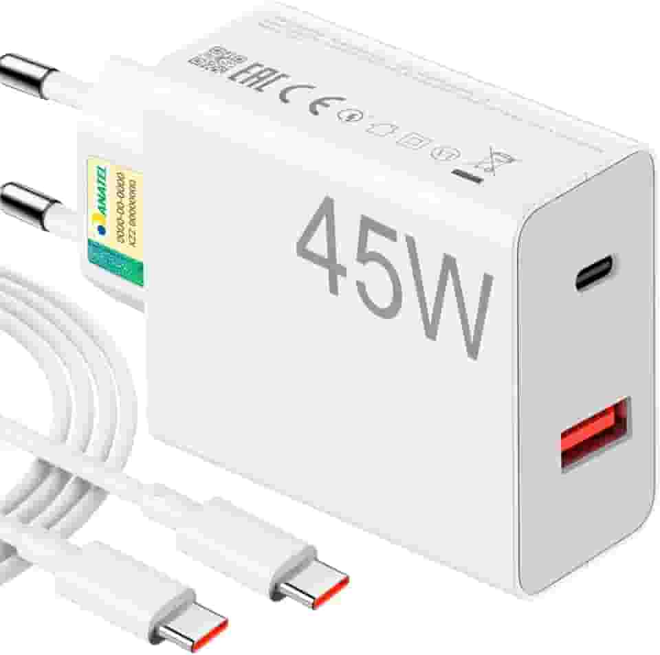 Carregador Universal Super Turbo 45W - 2 Saídas USB-C e USB-A, acompanha Cabo Emborrachado de 1M Ultra Rapido (Tipo-C para Tipo-C), Compatível com iPhone 15 e 16 e todos os Android