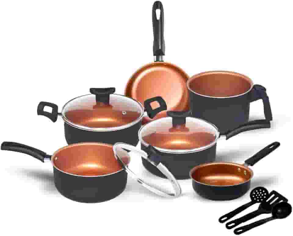 Conjunto de Panelas Antiaderente com Tampa de Vidro, 9 Peças, Revestimento Teflon, Cor Cobre, Utensílios em Nylon, Frigideiras e Caçarolas