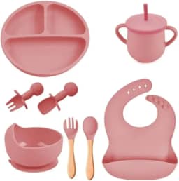 Kit Introdução Alimentar Bebe 8 Peças Silicone Iniciação Para Alimentos Livre de BPA Atóxico Antibacteriano Seguro Sem Pontas Colher, garfo, copinho, pote e pratinho Criança 6 meses Terracota