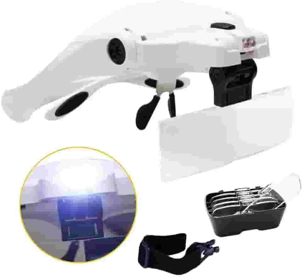 OCULOS LUPA DE CABECA PALA PROFISSIONAL COM 5 LENTES E 2 LEDS BRANCA PARA DENTISTAS, ESTETICA WRITE E MEDICOS