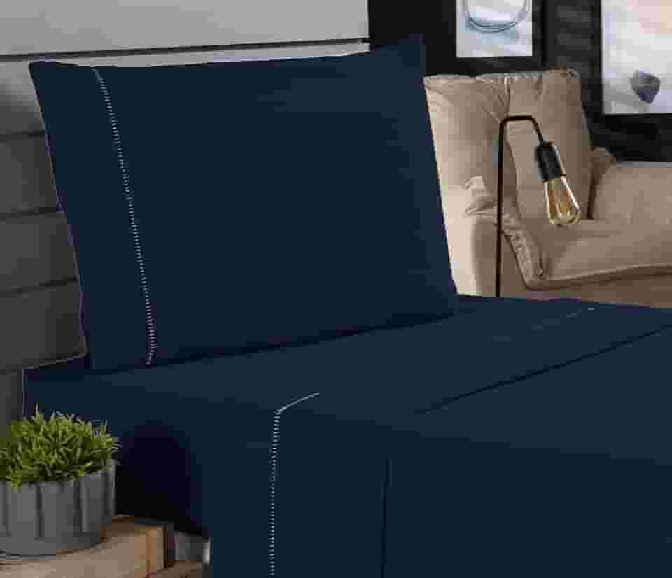 Jogo de Cama Classic Solteiro Percal 400 Fios Ponto Palito 03 Peças, Antiácaro, Anti-pilling com Toque Macio - Azul Marinho