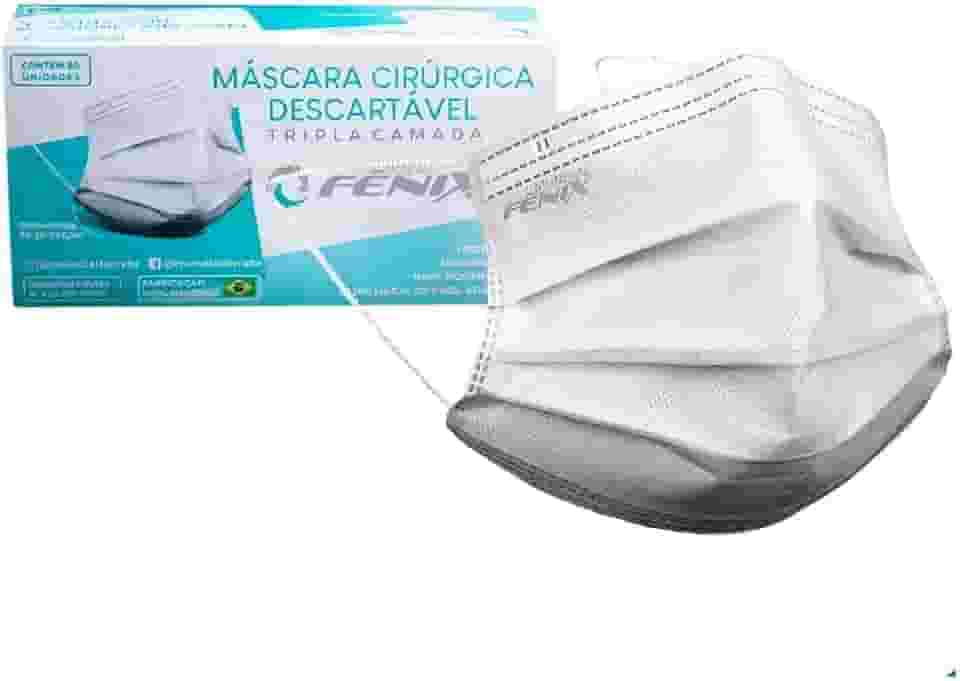 100 UN - Mundial Fenix - Mascara descartavel tripla BRANCA cirurgica com clip nasal