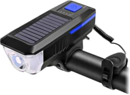 Farol Lanterna LED De Bicicleta Dianteiro Para Guidão Recarregável Com Luz Solar De Efeito Sonoro Alto Sirene Buzina Alto-Falante Com 5 Modos De Som E Cabo Carregador USB Resistente A Água LINHA PREMIUM DUPIN