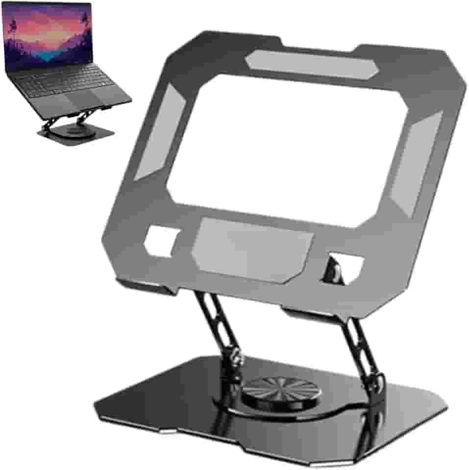 Suporte para Notebook e Laptop de até 17' MTS, Tablets e Celulares, Aço Carbono, Ajustável, Dobrável, Base Giratória 360° e Aberto Ventilação, Suporta até 10kgs, Ergonômico Portátil (Preto)