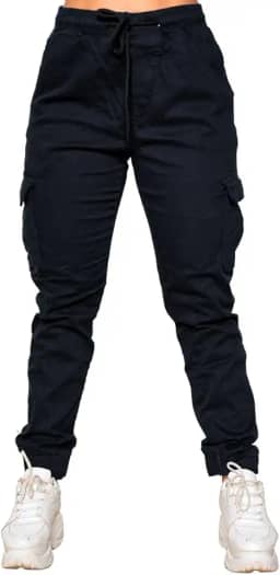 Calça Jogger Cargo Feminina Com Punho Bolso Lateral Sarja