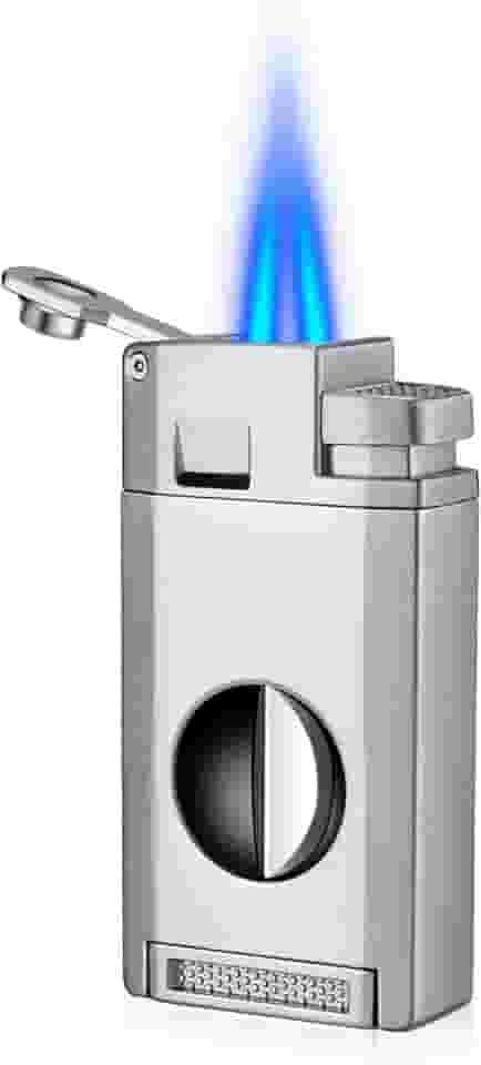 Isqueiro de charuto com cortador em V, furador, suporte de tochas de butano à prova de vento, isqueiro de metal recarregável, acessórios de charutos multifuncionais para homens (prata)