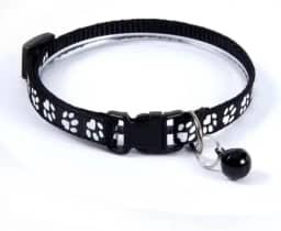 Coleira para Gato com Estampa de Patinhas, Preta com Branco, com Guizo