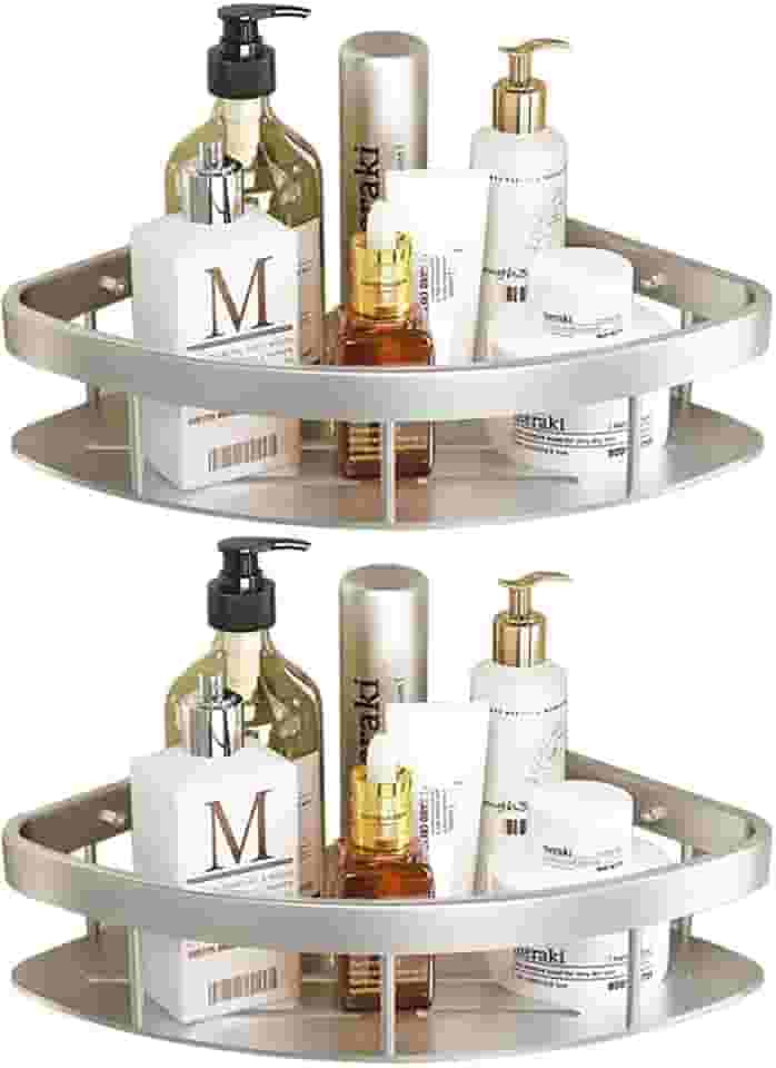 Prateleira de canto prata para banheiro (conjunto de duas) Rack de armazenamento com capacidade extragrande Instalação sem perfuração