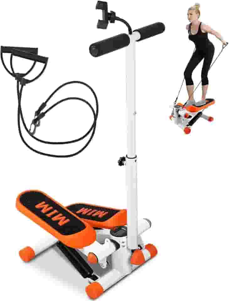Simulador de Caminhada, Simulador de Escada, com Guidão e Suporte Celular, de Escada Faixas Resistência, Altura Ajustável Capacidade 150 Kg, Fitness Monitor LCD, Laranja