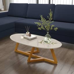 Mesa de Centro Oval Moderna, Tampo Off White, Base em Madeira MDF, 90x45x35cm