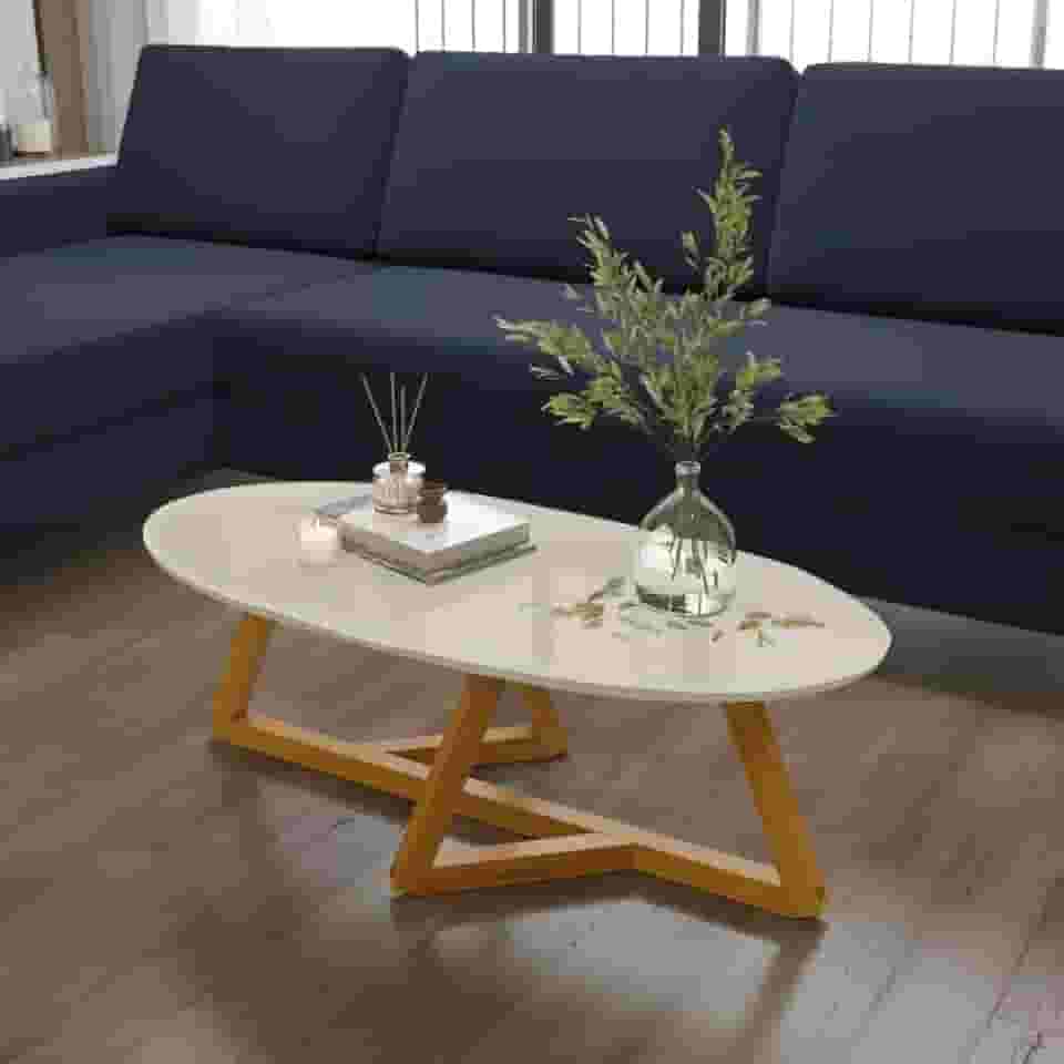 Mesa de Centro Oval Moderna, Tampo Off White, Base em Madeira MDF, 90x45x35cm
