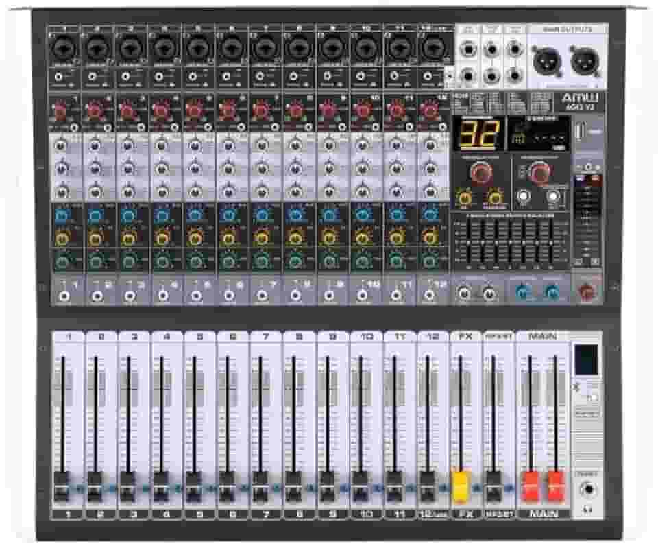 Mesa de Som Profissional AMW AG12 v2, 12 Canais, USB/Bluetooth, 99 Efeitos DSP, Equalizador 3 Bandas, Phantom Power 48V