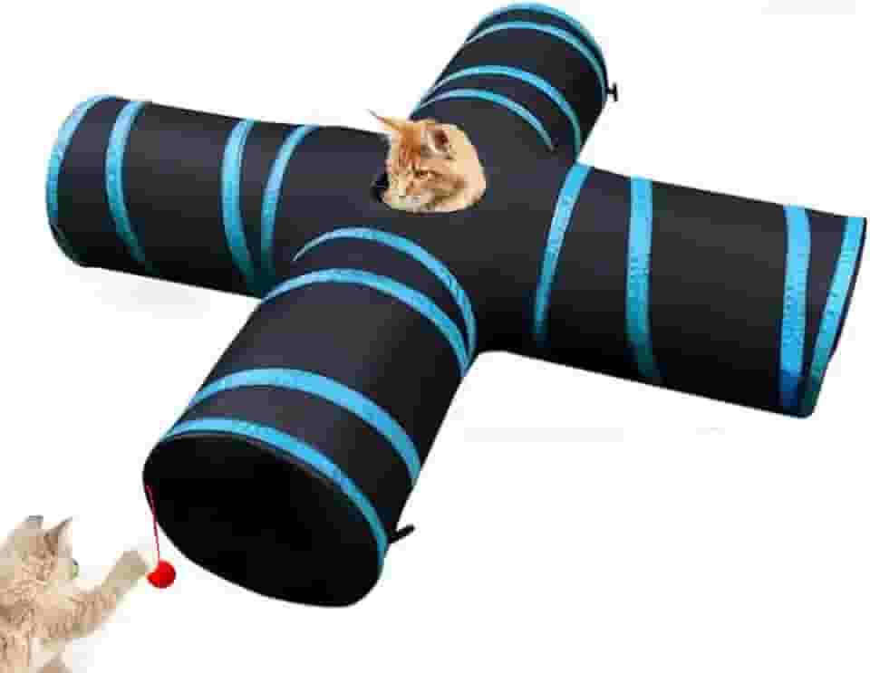 Túnel Para Gato 4 Saídas Brinquedo Interativo Pet Dobrável Azul e Preto