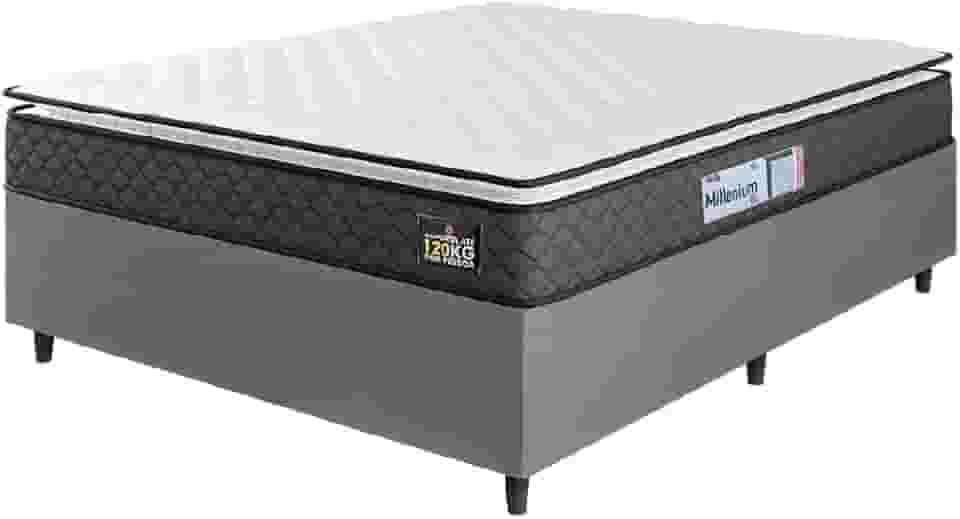 Cama Box Casal Queen Colchão Espuma D33 Pillow Top Millenium 158x198x57cm Suede Cinza/Branco Hellen – Suporta Até 120 Kg Por Pessoa