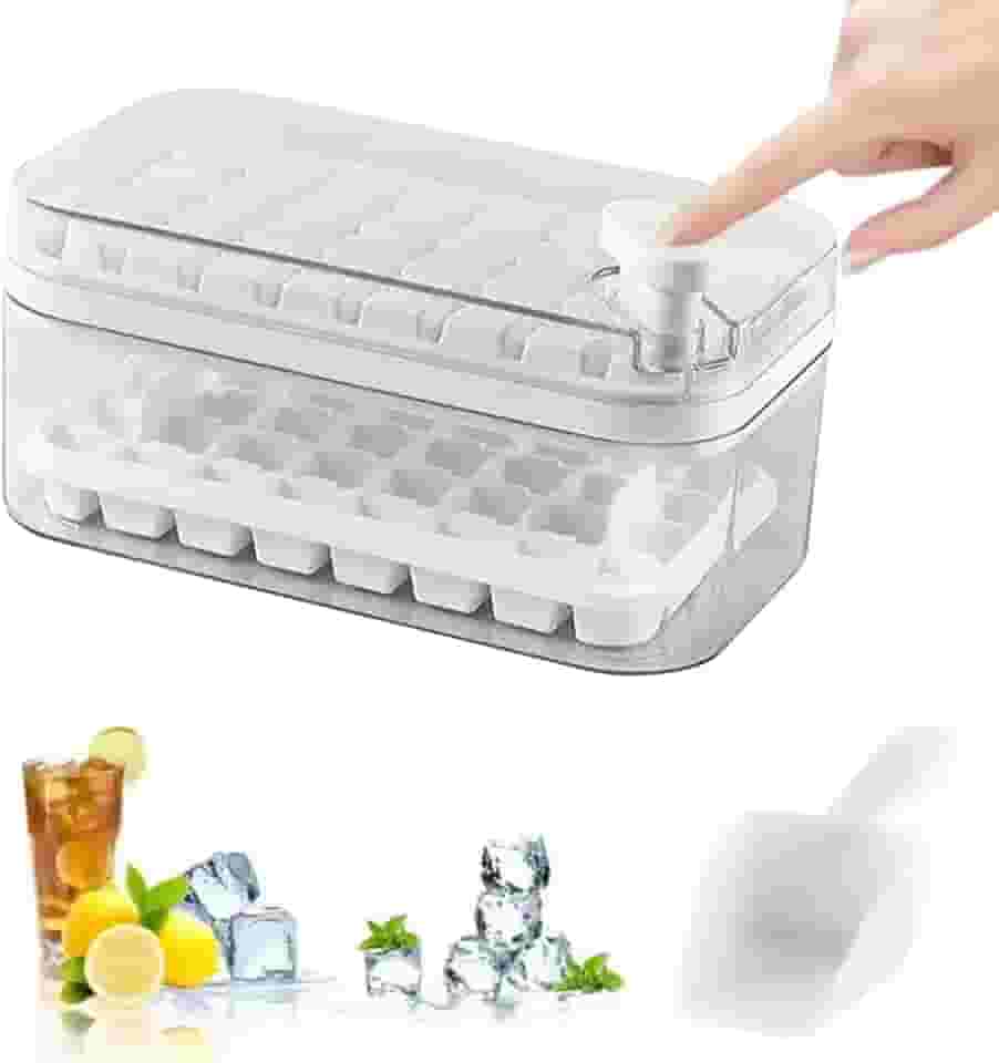 2 Forma de Gelo com Tampa 64 Cubos Bandeja Organizadora com Colher Livre de BPA Ideal para Drinks Bebidas e Uso Diário (Branco)