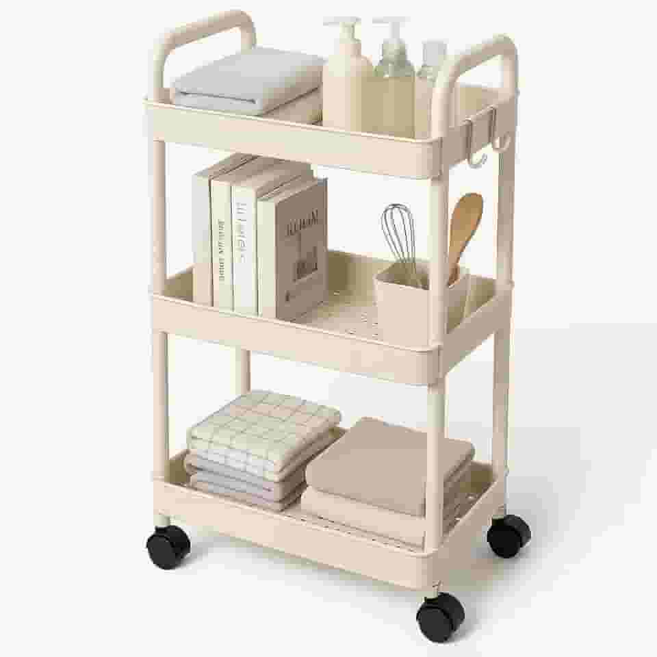 Carrinho Estante Organizadora Multiuso com Rodas 3 Andares 35x26x71cm Plástico PP Branco Prateleira Vertical para Banheiro Cozinha Lavanderia e Escritório